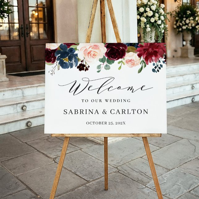 Simple Script Burgundy Red Floral Wedding Welcome Foam Board (Creator Uploaded)