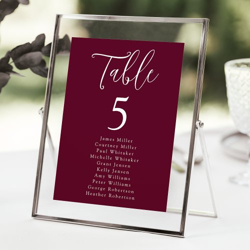 Simple Script Burgundy Table Number Seating Chart