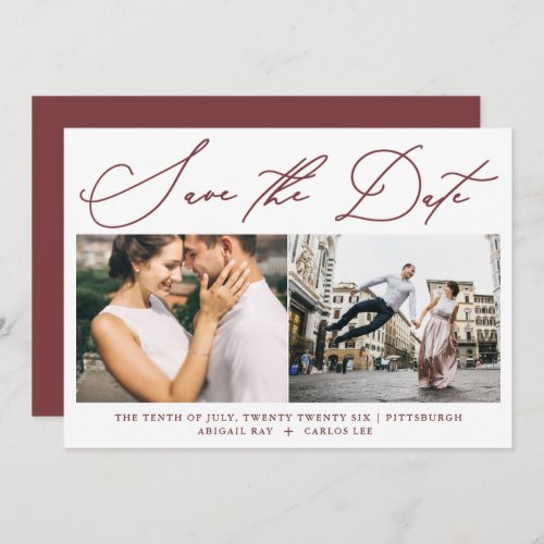 Simple Script Burgundy Two Photo Modern Save The Date