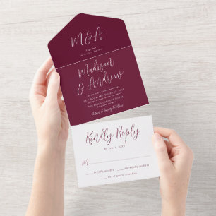 Simple Script Burgundy Wedding All In One Invitation