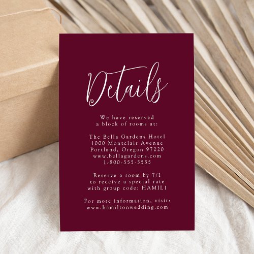 Simple Script Burgundy Wedding Details Enclosure Card
