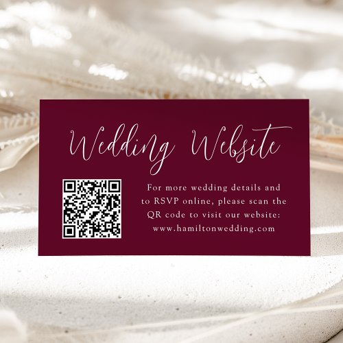 Simple Script Burgundy Wedding Website QR Code Enclosure Card