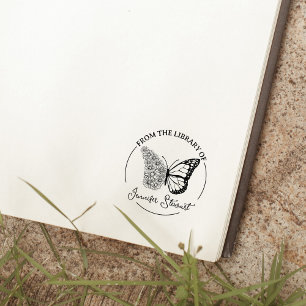 Simple Script Butterfly Flower Library Book Rubber Stamp