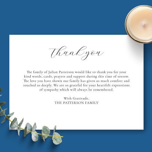 Simple Script Calligraphy Custom Message Funeral  Thank You Card