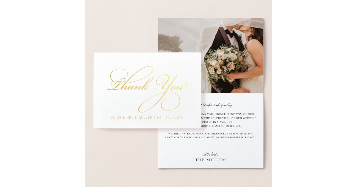 Simple Script Calligraphy Photo Wedding Thank You Foil Card | Zazzle