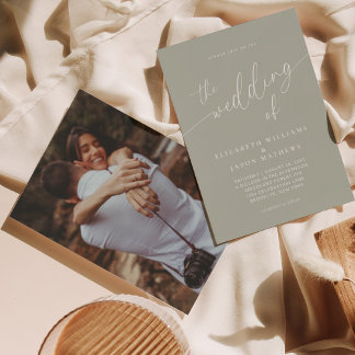 Simple Script Calligraphy Sage Green Photo Wedding Invitation