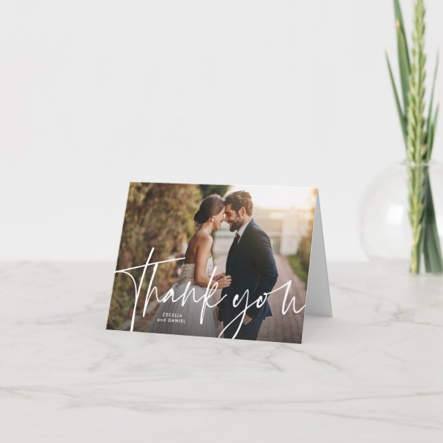 Simple script casual three photo wedding thank you card (Front)