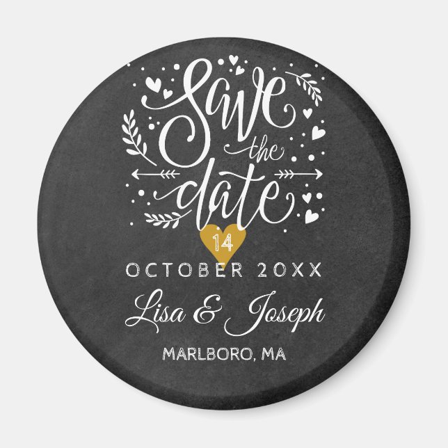 Simple Script Chalkboard Gold Heart  Save the Date Magnet (Front)
