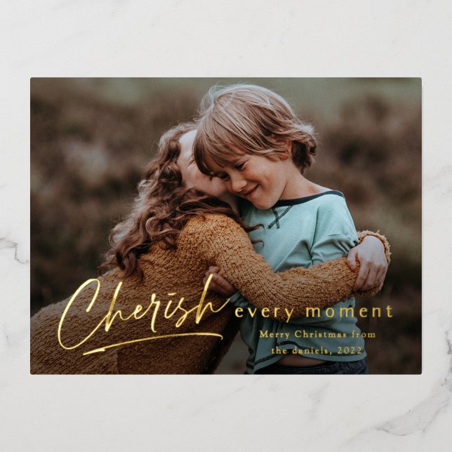 Simple Script Cherish Every Moment Photo Christmas Foil Holiday Postcard (Front)