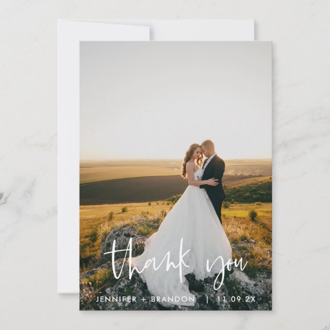 Simple Script Classy Wedding Photo Thank you Card (Front)