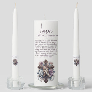 Simple Script Corinthians Verse with Praying Hands Unity Candle Set