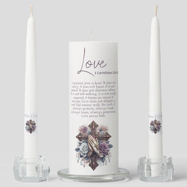 Simple Script Corinthians Verse with Praying Hands Unity Candle Set (Front)
