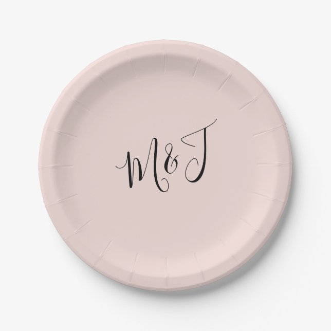 Simple Script Couple Initials Blush Paper Plate (Front)