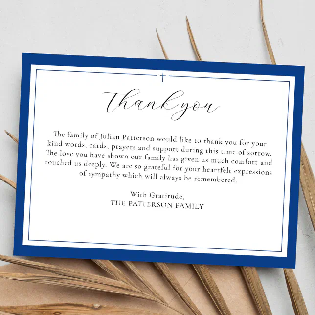 Simple Script Cross Blue Funeral Thank You Card | Zazzle