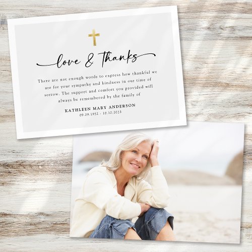 Simple Script Cross Photo Funeral Thank You Card