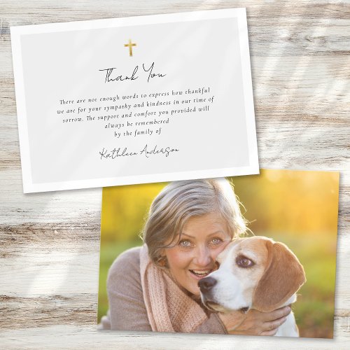 Simple Script Cross Sympathy Funeral Photo Thank You Card