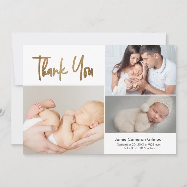 Simple Script Custom baby photo birth stats Thank You Card (Front)
