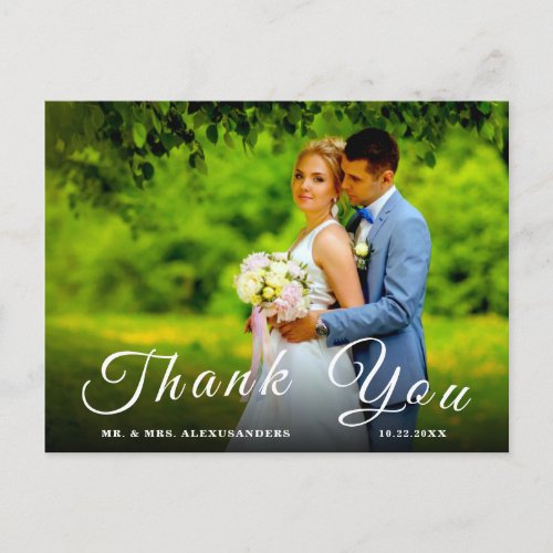 Simple Script Custom Photo H White Wedding Thank U Postcard