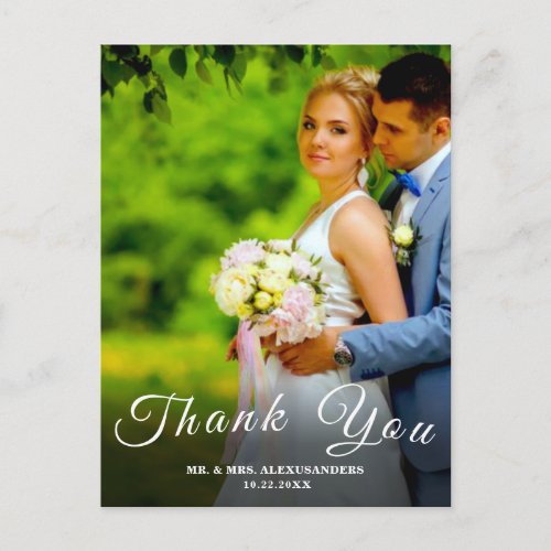 Simple Script Custom Photo White Wedding Thank U Postcard