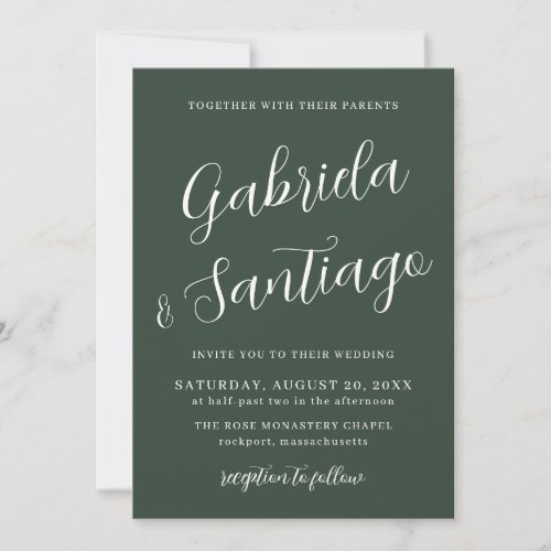 Simple Script Dark Green and White Wedding Invitation