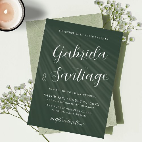 Simple Script Dark Green White Wedding Invitation