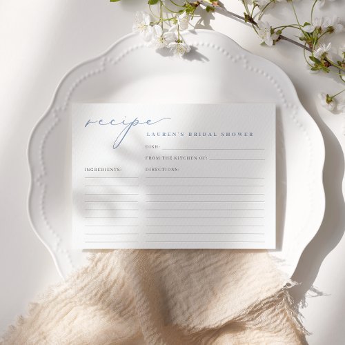 Simple Script Dusty Blue Bridal Shower Recipe Card