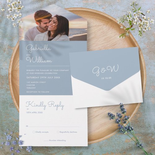 Simple Script Dusty Blue Monogram Photo Wedding All In One Invitation