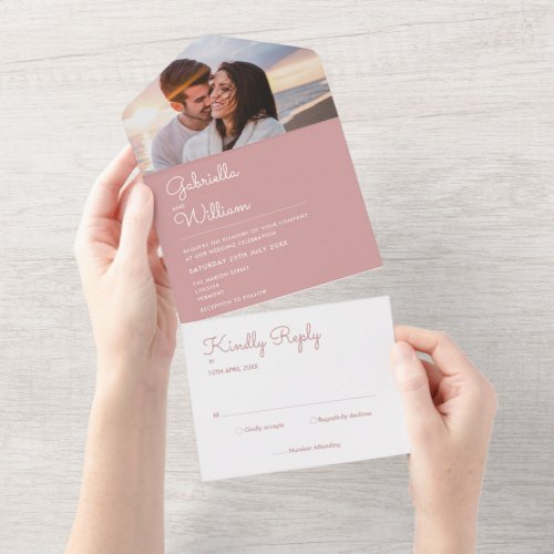 Simple Script Dusty Rose Monogram Photo Wedding All In One Invitation