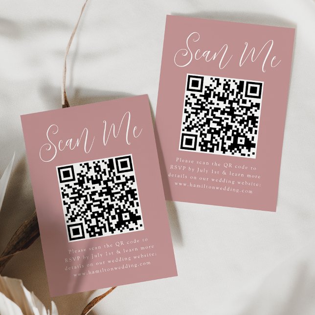 Simple Script Dusty Rose QR Code Wedding RSVP Enclosure Card (Creator Uploaded)