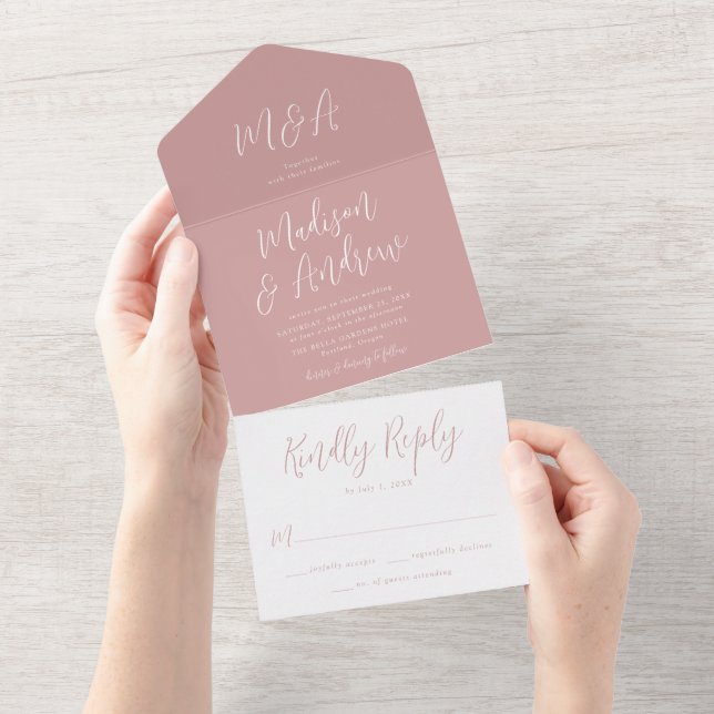 Simple Script Dusty Rose Wedding All In One Invitation (Tearaway)