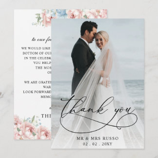 Simple Script Elegant Blush Floral Photo Wedding  Thank You Card