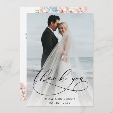 Simple Script Elegant Blush Floral Photo Wedding  Thank You Card