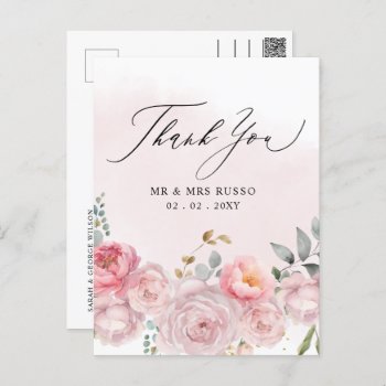 Simple Script Elegant Blush Floral Thank You Postcard by blessedwedding at Zazzle