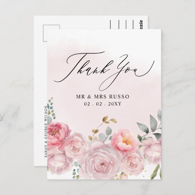 Simple Script Elegant Blush Floral Thank You Postcard (Front/Back)