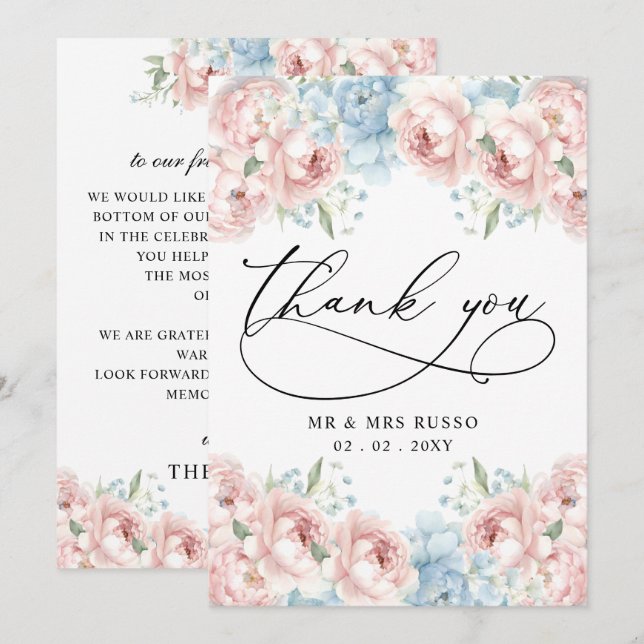 Simple Script Elegant Blush Floral Wedding  Thank You Card (Front/Back)