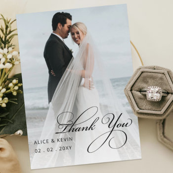 Simple Script Elegant Handwritten Photo Wedding Th Thank You Card by blessedwedding at Zazzle