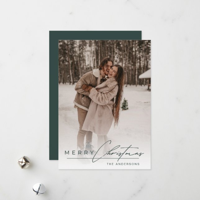 Simple Script Elegant Photo Green Merry Christmas  Holiday Card (Front/Back In Situ)