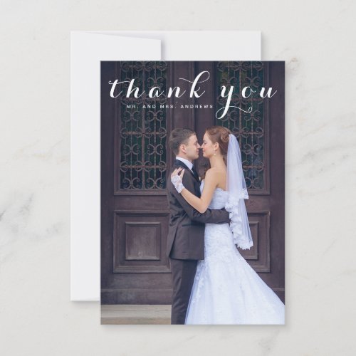 Simple Script Elegant Vertical Photo Wedding Thank You Card