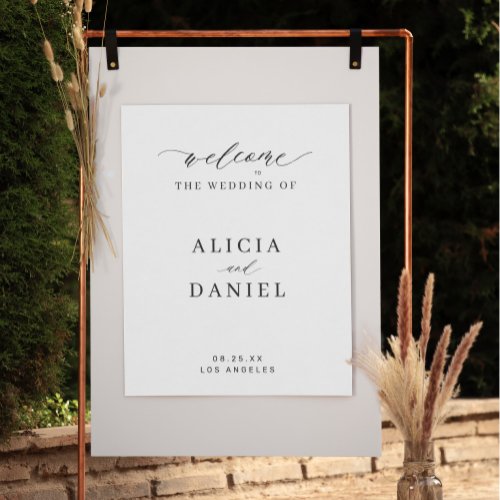 Simple script elegant white wedding welcome sign