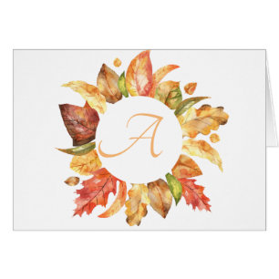 Simple Script Fall Leaves Wreath Monogram Cards