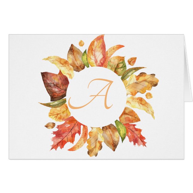 Simple Script Fall Leaves Wreath Monogram  Cards (Front Horizontal)