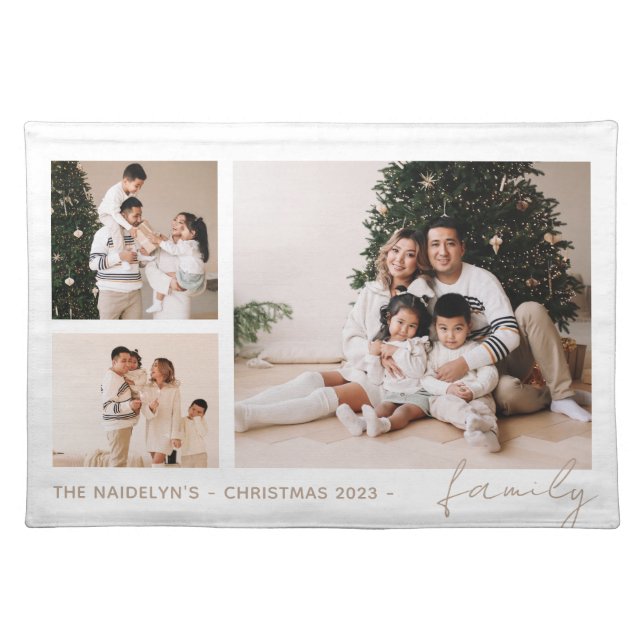 Simple Script Family Photo Collage Holiday Cloth Placemat (Front)