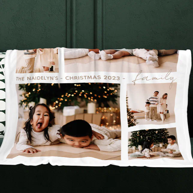 Simple Script Family Photo Collage Holiday Fleece Blanket (Creator Uploaded)