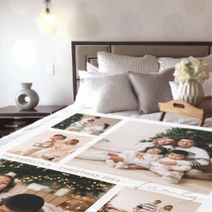 Simple Script Family Photo Collage Holiday Fleece Blanket