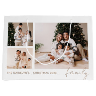 Simple Script Family Photo Collage Holiday Large Gift Bag