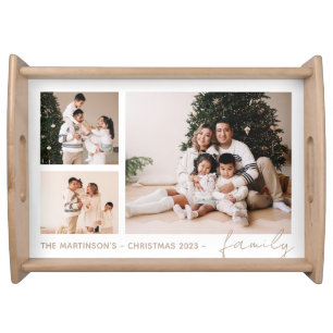 Simple Script Family Photo Collage Holiday Serving Tray