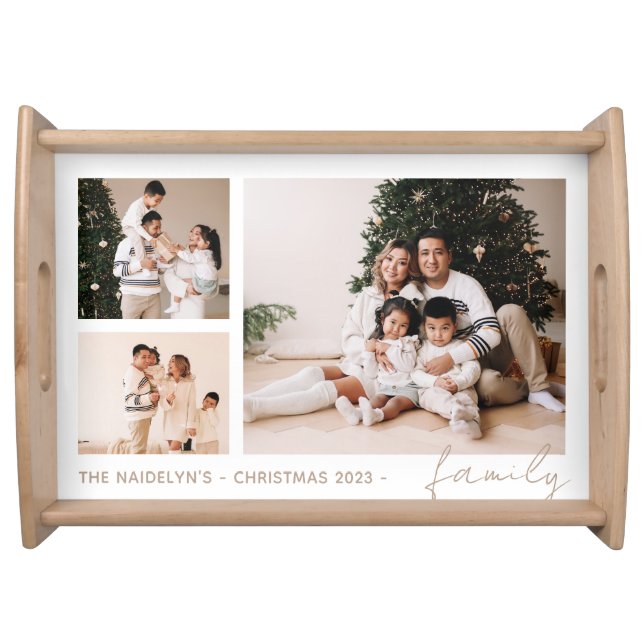 Simple Script Family Photo Collage Holiday Serving Tray (Front)