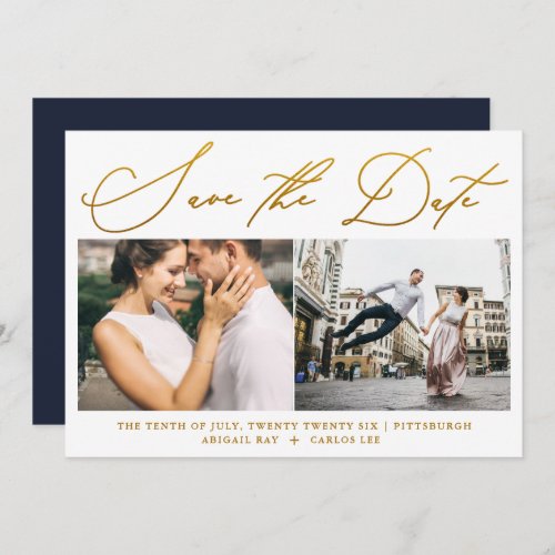 Simple Script Faux Gold Two Photo Modern Save The Date