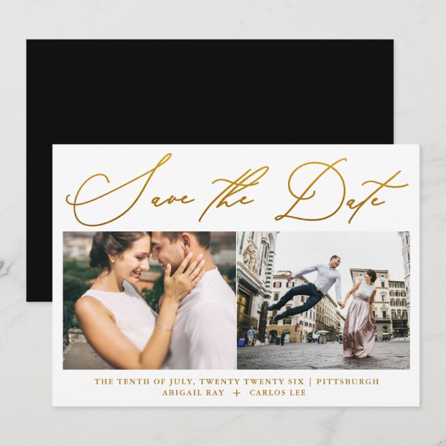Simple Script Faux Gold Two Photo Modern Save The Date (Front/Back)