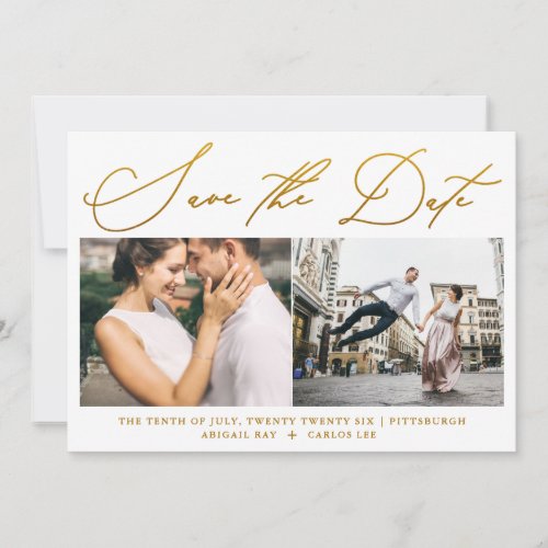 Simple Script Faux Gold Two Photo Modern Save The Date